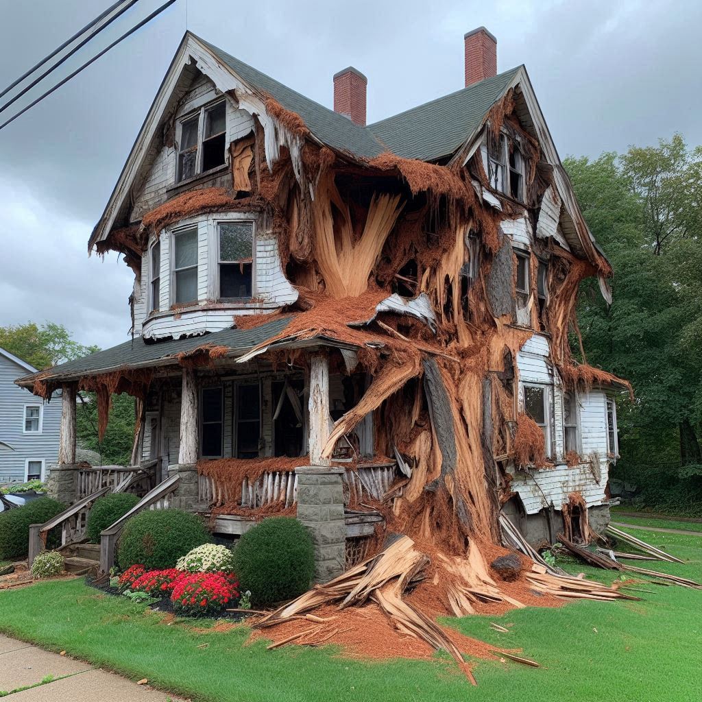 Damaged tree on an Swampscott home showing signs of disease and decay